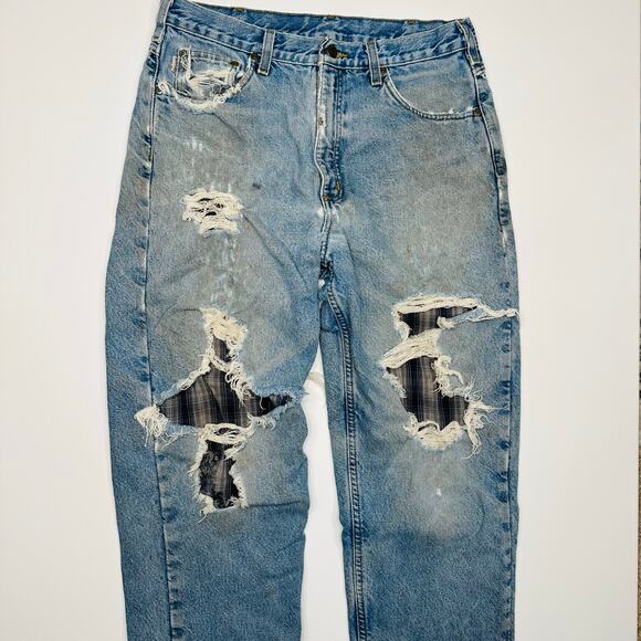 Vintage Carhartt Destroyed Distressed Flannel Lined Workwear Jeans 34 x 36 - Picture 1 of 12